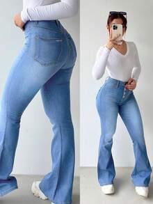 Women's Stretch Skinny Jeans Women's - Hip Lift Slimming Micro Pants Front Buckle Slimming God Pants All Match Leg Long Flare Pants European And American Retro Spice Pants - 淺色水洗藍 - 查看 2