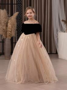 Váy dự tiệc màu vàng lưới sequin thanh lịch cho bé gái tuổi mới lớn, váy công chúa phù hợp cho tiệc sinh nhật, tiệc chiêu đãi, sự kiện trang trọng, vũ hội, biểu diễn sân khấu, phù dâu, váy phù dâu, lễ kỷ niệm ngày lễ - Màu Khaki - Xem 8