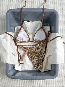 Swmmer Liket Women's Summer Fashion Asymmetrical Stripe Triangle Tie-Side Vacation Bikini Set - 棕色 - 查看 7