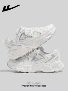 1 双 WARRIOR 女式海军蓝厚底厚底运动鞋，系带软底休闲鞋，低帮户外平底鞋，夏季一脚蹬通勤鞋，圆头低跟防滑纯色优雅徒步适合学生毕业照平底鞋，女式低帮皮革运动滑板鞋 - WBN(JS)-0578白銀色 - 查看 2