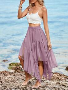 Womens Summer Boho Maxi Skirt Casual Asymmetric High-Low Hem Flowy Bohemia Long Skirt - Màu tím - Xem 2