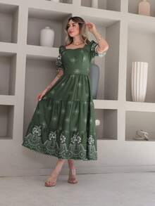 Vitoria Midi Dress With Crepe Print, Stretch On The Back, Short Sleeves - Verde Oliva - Ver 4