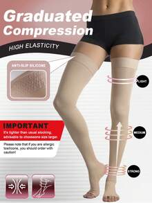 Calcetines altos hasta la rodilla para mujer con puntera abierta, compresión ligera de 15-20 mmHg, transpirables y suaves, con correa elástica antideslizante para adelgazar las piernas