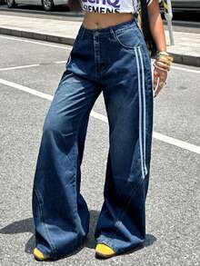 Straight-Leg Jeans With Curved Waist Design And Two Side Stripes Casual Spring - Medium Wash - View 4