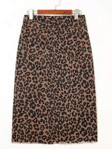 Leopard Print Frayed Side Slit Denim Midi Skirt - 棕色 - 查看 3