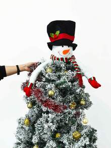 1 Set Of 17pcs, 1pc Snowman Christmas Tree Top Decoration Plus 1pc Red And White Wool Strips Plus 15pcs Golden Christmas Tree Decoration Pendant For Christmas Party Decoration Supplies