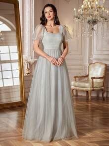 1 Stück graues gepunktetes elegantes gerafftes Mesh-Splice Abendkleid, hochwertiges Abendkleid für Hochzeit, Party, festliche Anlässe, geeignet für Frühling, Sommer, Herbst, Winter