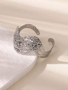 1 件时尚金色不锈钢波浪开口袖口手链，纹理几何宽手镯，适合女士，派对/节日珠宝礼物 - 金黃色 - 查看 10