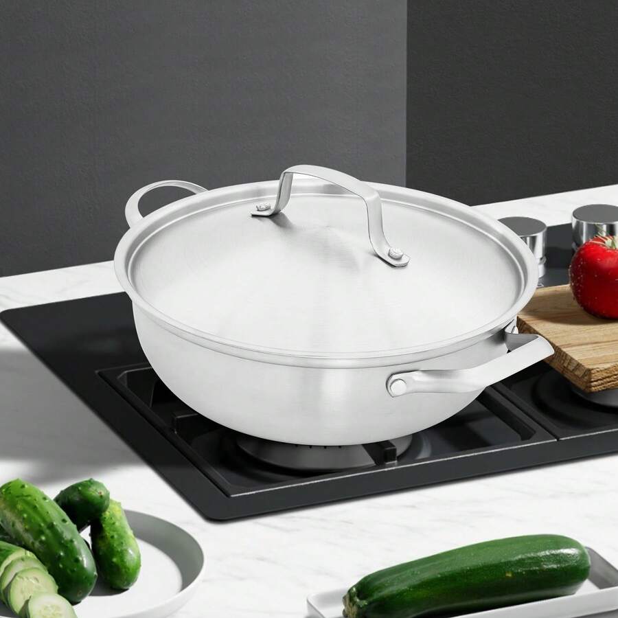 Stainless Steel Pot With Lid 26cm - 304 Grade, Frying Pan, Suitable For Use With Induction Stoves, Gas Stoves, Halogen Stoves, Glass Stoves, And Ceramic Stoves, Used In Kitchens In Hotels, Restaurants, Homes, Etc, Composite Steel, Silver - 銀色 - 查看 1