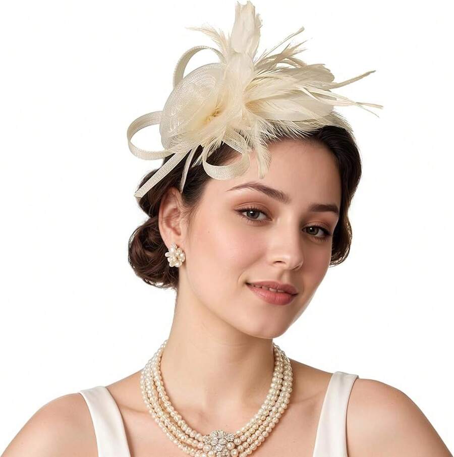Fascinators Hats Women,Tea Party Fascinator Hair Clip With Feathers Wedding,Derby Hats Headbands - 款式3-香檳金 - 查看 1