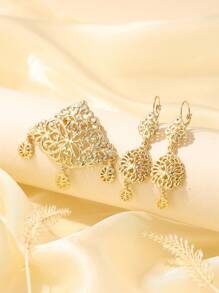 3pcs 24K Gold Plated Algerian Women Jewelry Set, Earrings, Bracelet, Brooch, Palace Vintage Style, Exquisite Hollow Design, Bridal Wedding Party Accessories, Women Gift, Clothing Decoration