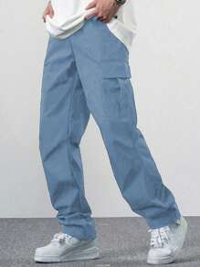 1pc Tween Boy Comfortable Versatile Loose Straight Leg Multi-Pocket Casual Pants, Spring/Summer/Autumn - Dusty Blue - View 5