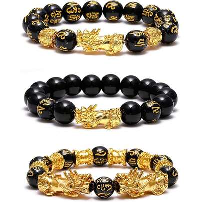 1件/3件风水手链男女款好运黑曜石貔貅串珠幸运手链招财进宝貔貅饰品