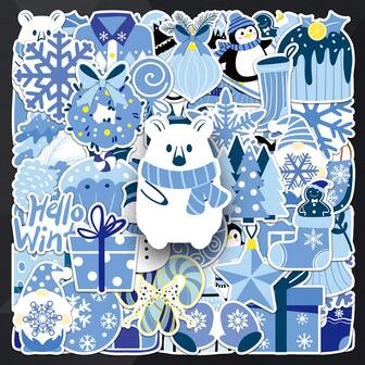 50 piezas Pegatinas decorativas de escritorio con diseño de muñeco de nieve de estilo Ins en ambiente invernal azul