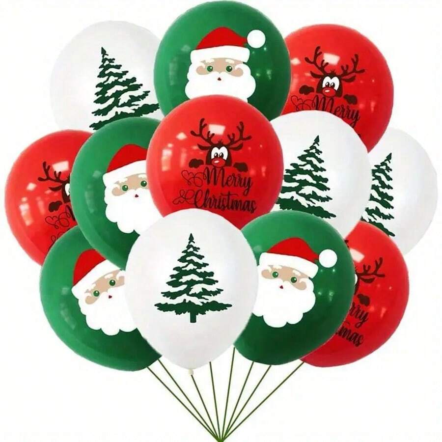 30pcs 12inch Latex Balloons, Santa Claus & Reindeer, White, Green And Red Christmas Tree Balloons, Suitable For Christmas Decoration