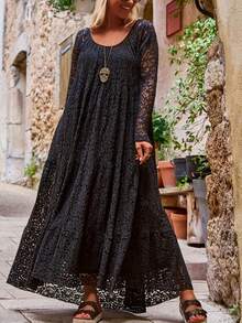 Vestido largo elegante de hombros descubiertos para mujer talla grande - Adecuado para ocasiones formales y casuales, tela de poliéster no elástica lavable a máquina, fluido para fiestas, bodas, uso diario, moda de verano, detalles de encaje, encaje exquisito, vestido de moda, fashionista - Negro - Ver 4