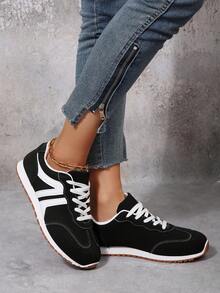 大码女式休闲运动鞋，学生校鞋，米色时尚平底系带舒适运动鞋 - 黑色 - 查看 5