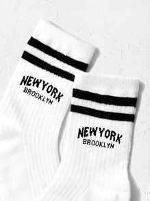 5pairs/Pack Two Stripes Letter Sport Mid-Calf Socks For Kids, Suitable For Daily Wear