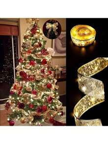 1 pieza Cinta de luz LED, Cinta de luz de hadas para árbol de Navidad, sin enchufe, alimentada por batería, decoración navideña interior para bodas, jardín, hogar, sala de estar, boda, Halloween, Navidad, decoraciones para fiestas, regalo perfecto para cumpleaños y decoraciones interiores y exteriores con caja de regalo de cinta y acentos de cinta de satén, con adornos brillantes, luz para árbol de Navidad