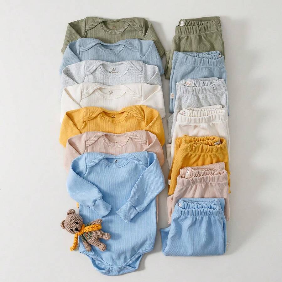 4-Piece Ribbed Baby Clothing Kit With 2 Long-Sleeved Bodysuit And Romper Sets - Màu xanh nhạt - Xem 1