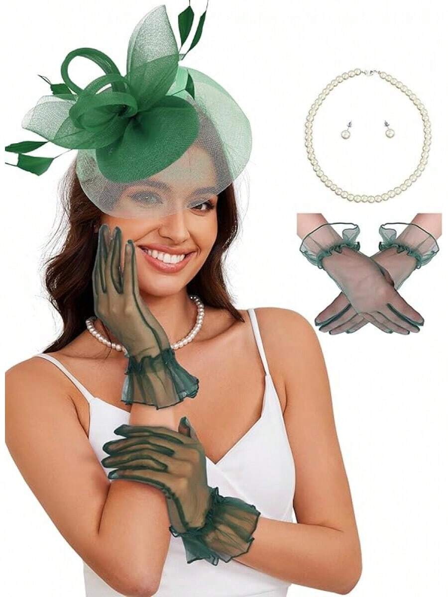 Ibeauti Fascinator Hats With Screentouch Lace Gloves Set Women Tea Party Cocktail Wedding Derby Headwear Short Gloves - 07 Xanh lá cây - Xem 1