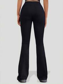 休闲罗纹设计喇叭裤，秋季新品，裤子，喇叭裤 - 黑色 - 查看 2