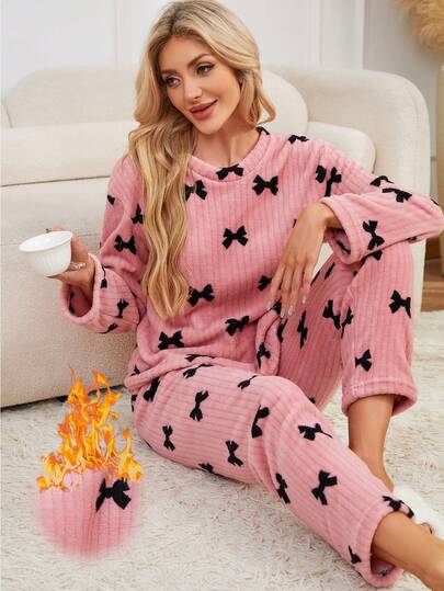 2pcs Women Fairy Style Sleepwear Set, Thermal Lined Long Sleeve Top And Pants, Elegant Bow Decor Homewear Outfit Suitable For Outerwear, Fall Winter Clothes, Fluffy Pajama, Cozy