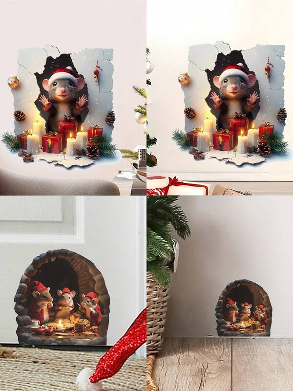 1PC Christmas Wall Stickers 3D Mouse Stickers Self-Adhesive Wall Decoration For Family Holiday Parties