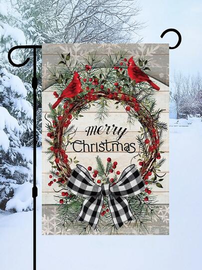 1pc Christmas Garden Flag, Christmas Wreath Bow Style Double Sided Christmas Hanging Sign Banner Yard Flag For Winter Holiday Christmas Garden Yard Indoor Outdoor Decorations Supplies, Happy 2026 New Year Christmas Yard Decor, Home Decor, Merry Christmas Happy New Year Party Hanging Ornaments, Garden Decor,
