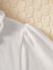 Tween Girl Cute Embroidered Ruffled Collar Long Sleeve Tee, Fashion Breathable Soft 100% Cotton Traceable Fabric, Spring New - White - View 4