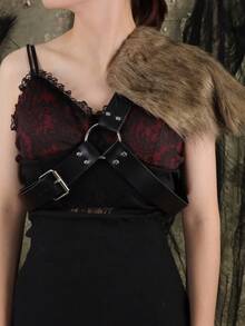 1pc Medieval Vintage Faux Fur Shawl, PU Leather Belt & Shoulder Strap, Roman Warrior Costume Accessory, Suitable For Halloween, Autumn - Black - View 2