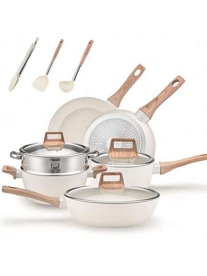 Non Stick Ceramic Cookware Set, Healthy Pot And Flat Bottomed Pot Set, Kitchen Cooking Set, With A Cool Handle To Keep It Cool, Ceramic Non Stick Stew Pot With Lid, White Granite Coating, Free Of /