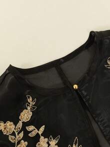 Amyenjoylife 现代菲律宾风情女士优雅泡泡袖亮片图案短袖上衣 黑色夏季 - 黑色 - 查看 3