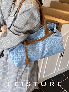 1pc FEISTURE Leopard Print Color Block Large Capacity Tote Bag, Fashion Strap Decor Shoulder Bag, Magnetic Closure, Suitable For Daily Outing, Dating, Commuting, Bags For Ladies Fashionable