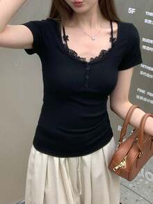 夏季新款蕾丝拼布休闲修身T恤 - 黑色 - 查看 5