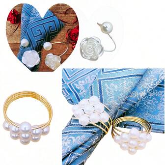 1 件优雅不对称镀金餐巾环，带仿珍珠玫瑰花春季设计，独特的装饰餐巾架，适合婚礼、派对、高端餐饮和场合，现代和复古桌面装饰