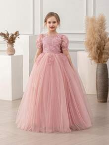 少女粉色蕾丝边深V露背网纱毕业优雅公主裙，适合女孩穿着，可用于生日派对、婚礼、花童、伴娘、特殊场合和庆典、毕业典礼等。 - 粉色 - 查看 6