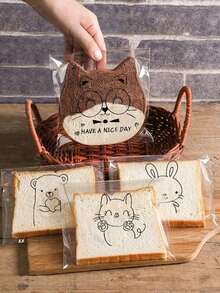 100 قطعة أكياس شفافة ذاتية اللصق بتصاميم كرتونية جميلة لتعبيرات الحيوانات المختلفة، أكياس تغليف الخبز المشرح والمخبوز