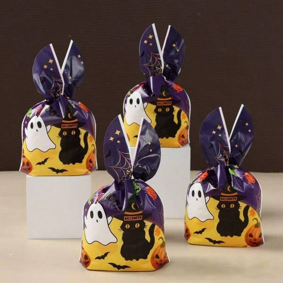 50pcs Halloween Gift Bags, Halloween Packaging Bags, Halloween Candy Bags, Halloween Decorations, Halloween Queue Supplies, 8.66*5.12inch, Cute Black Cat & Rabbit Ear Creative Design, Colorful Halloween Decorations, Suitable For Candy And Gift Packaging, Holiday Decorations