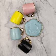 125ml Ceramic Coffee Cup & Saucer Set, Gold Bow Decor, Household Party Gift, Suitable For Drinking Coffee, Tea, Afternoon Tea, Electroplated In Various Colors