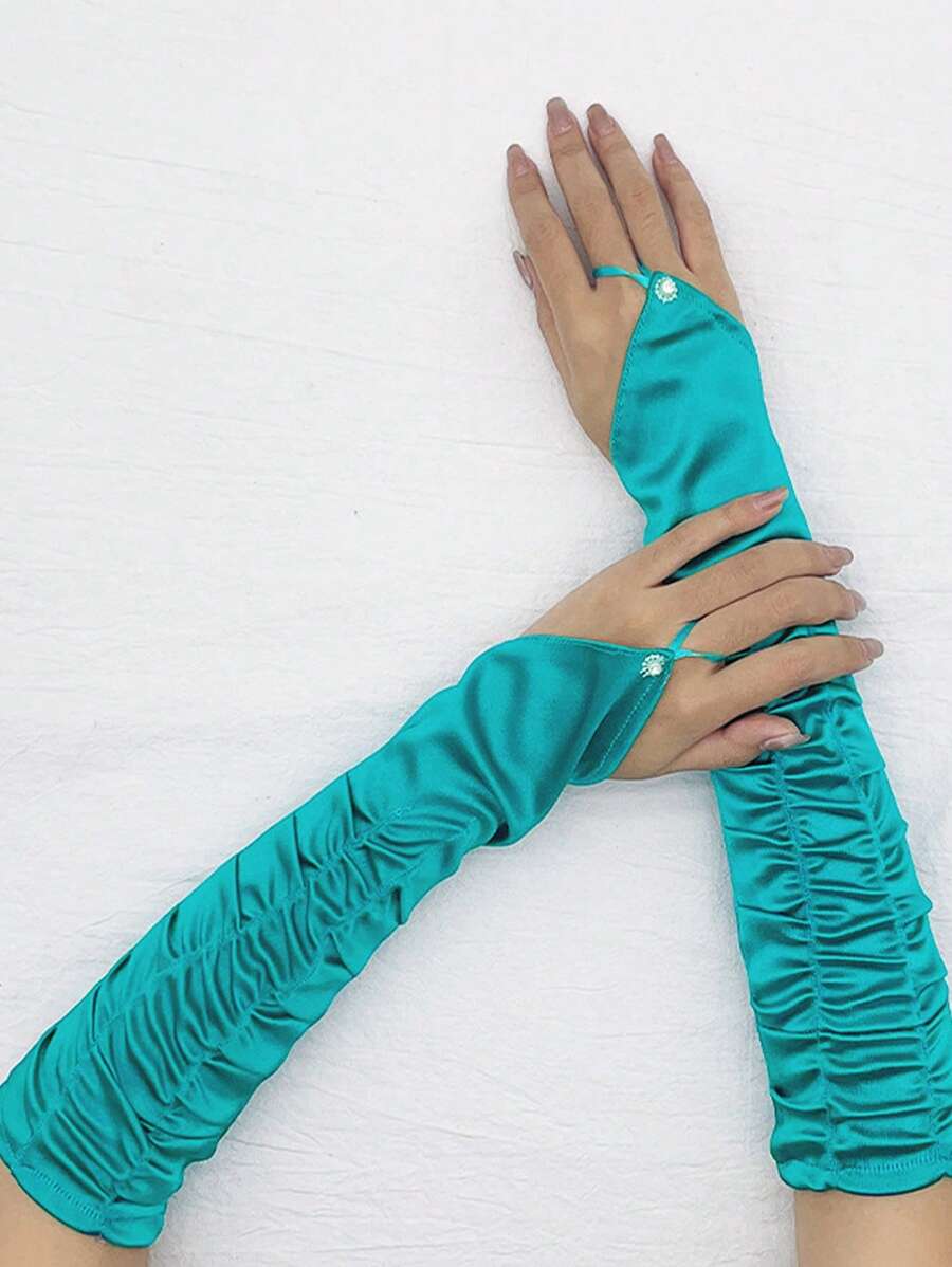 1 Pair Fingerless Rhinestone Pleated Formal Gloves, Decorative Arm Sleeves For Stage Performance