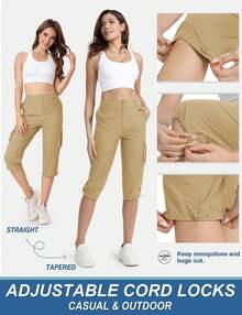 KEFITEVD Women's Cargo Capris Lightweight Hiking Capri Pants With Pockets Water Resistant Summer Travel Outdoor Casual - 卡其色 - 查看 3