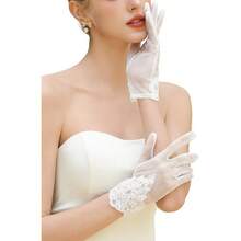 Local Shipping 2025 New  Short Lace Mesh Gloves Tulle Border With Pearls Wedding Opera Tea Party Gloves For Women Formal - 象牙-5 - 查看 1
