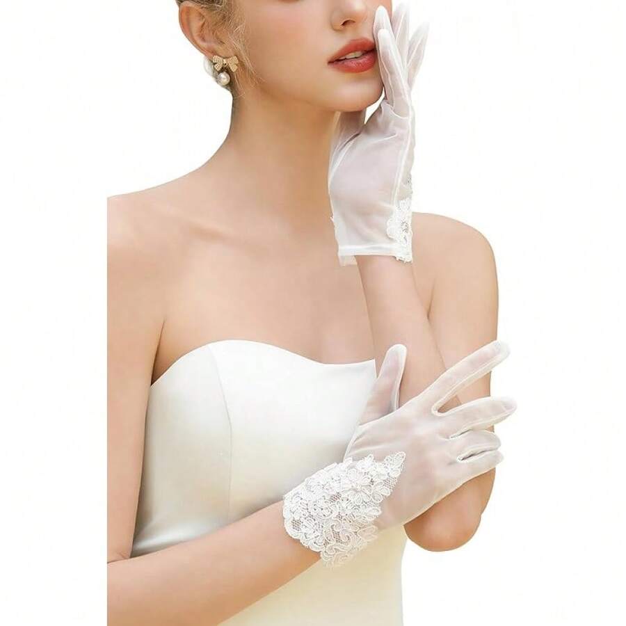 Local Shipping 2025 New  Short Lace Mesh Gloves Tulle Border With Pearls Wedding Opera Tea Party Gloves For Women Formal - 象牙-5 - 查看 1