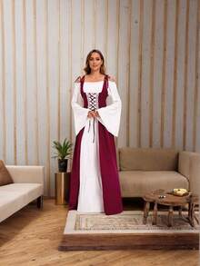 Conjunto de disfraz de época medieval y renacentista para mujer, con corsé retro y vestido, disfraz de princesa victoriana con vestido de tirantes y lazo de color contrastante - Burdeos - Ver 1