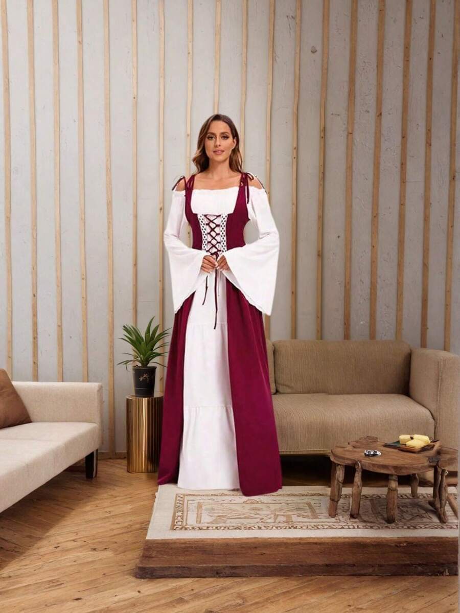 Conjunto de disfraz de época medieval y renacentista para mujer, con corsé retro y vestido, disfraz de princesa victoriana con vestido de tirantes y lazo de color contrastante - Burdeos - Ver 1