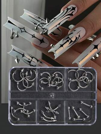 6-rutigt 30 st. näsnagelnitar, nagelberlocker i punkstil i metall, gör-det-själv-nageltillbehör, oparfymerade, mycket lämpliga för nagelälskare, silvernagelberlocker, nagelkonst, nageltillbehör, naglar, nagelstenar