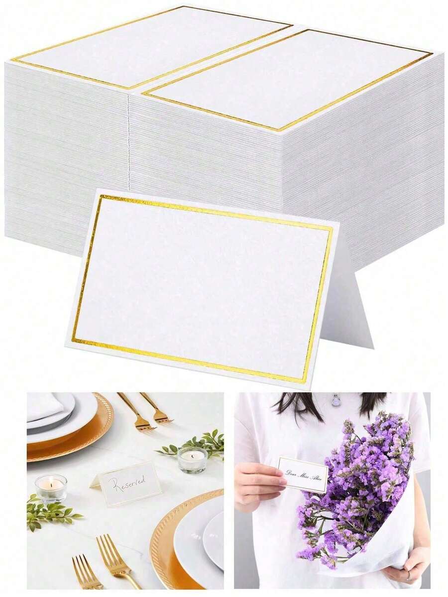 20pcs Tent Cards, Small Place Cards With Gold Foil Borders Delicate Seating Cards Blank Business Cards Escort Cards For Weddings, Tables, Dinners, Receptions