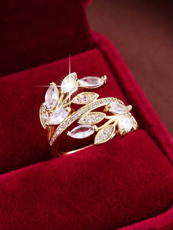 1 anel feminino com design elegante de folha e zircônia cúbica