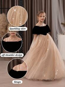 Váy dự tiệc màu vàng lưới sequin thanh lịch cho bé gái tuổi mới lớn, váy công chúa phù hợp cho tiệc sinh nhật, tiệc chiêu đãi, sự kiện trang trọng, vũ hội, biểu diễn sân khấu, phù dâu, váy phù dâu, lễ kỷ niệm ngày lễ - Màu Khaki - Xem 9